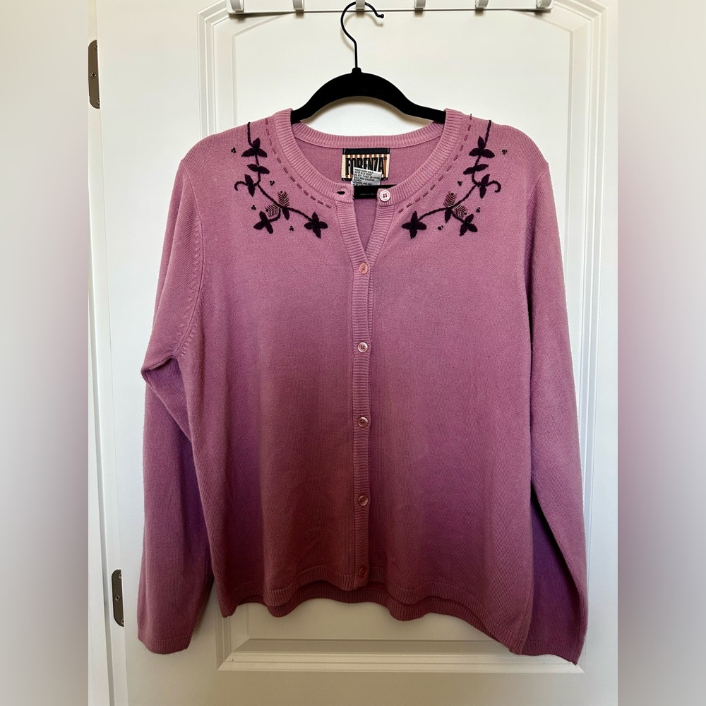 Vintage Forenza Mauve Cardigan with Floral Embroidery